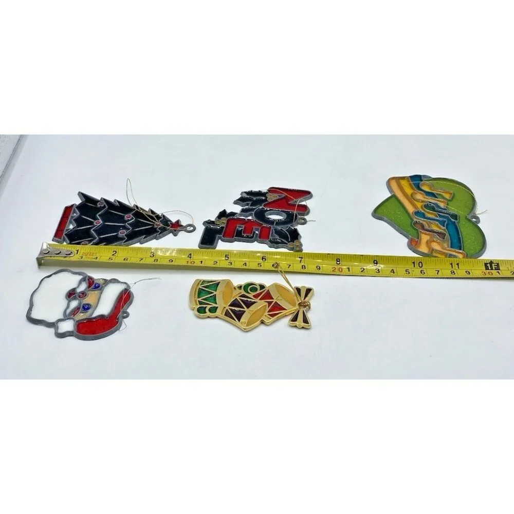 Lot 5 Vintage Plastic Christmas Ornaments Faux Stained Glass Suncatchers Decor